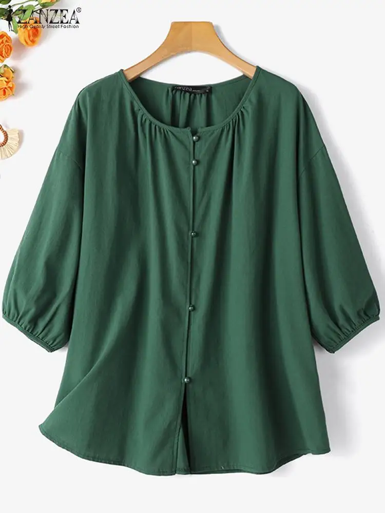 ZANZEA 2024 Autumn Blouse Women Vintage 3/4 Sleeve Casual Cotton Tops Loose Buttons Down Solid Shirt Fashion Work Blusas Chemise