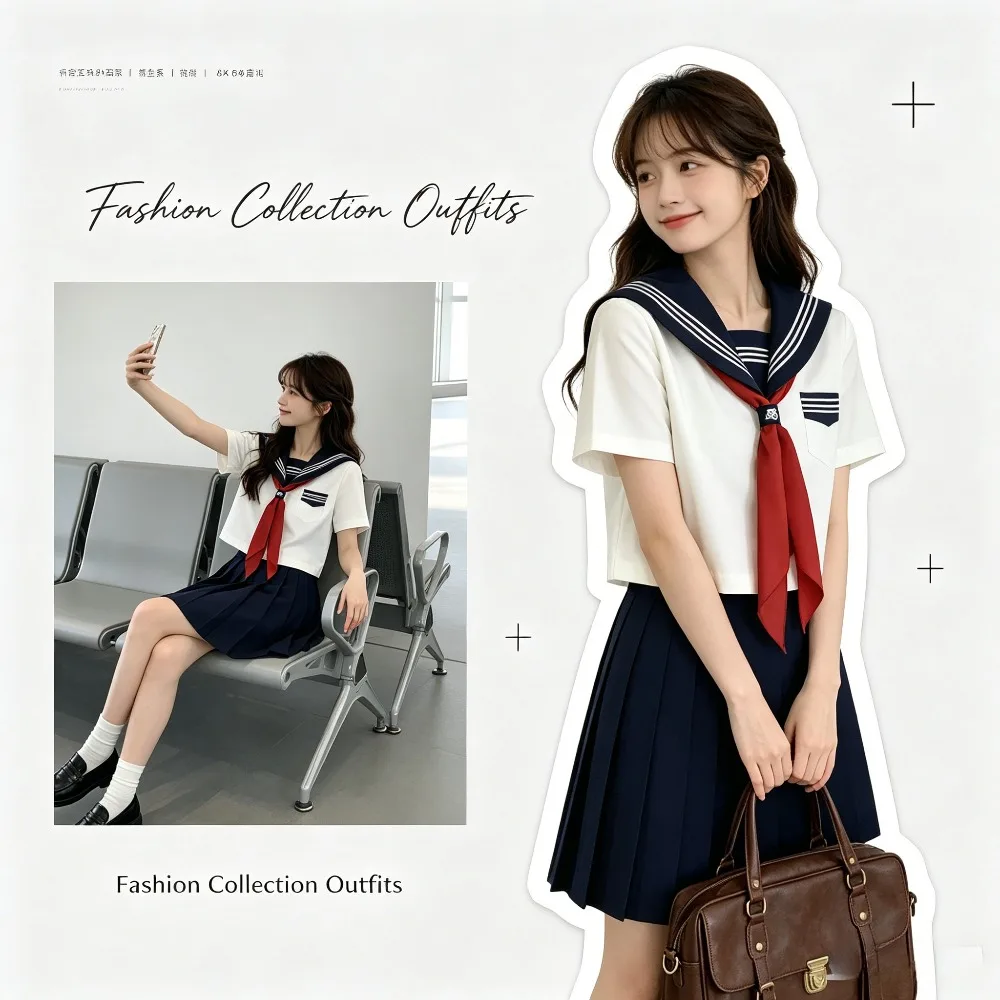 Women's  Japanese College Style JK School Uniform Set, Basic White Long‑Sleeve Sailor Suit for Students Campus Daily Casual Wear