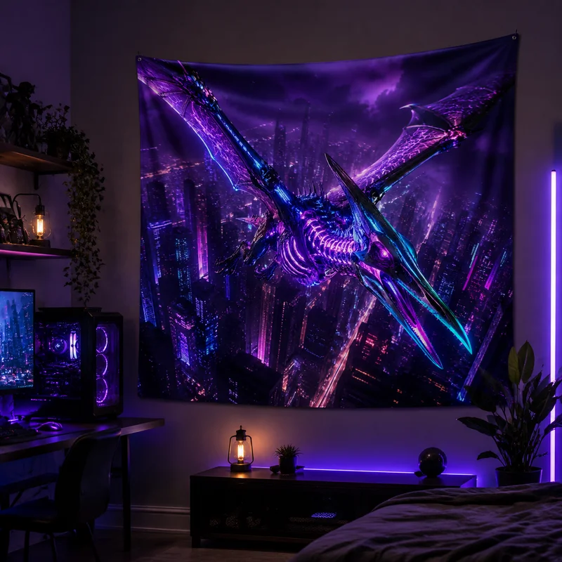 VIKAMA Cyber Mechanical Angel Tapestry, Neon Futuristic Sci-Fi Angel Backdrop, Esports Bedroom Home Decor Hanging Tapestry