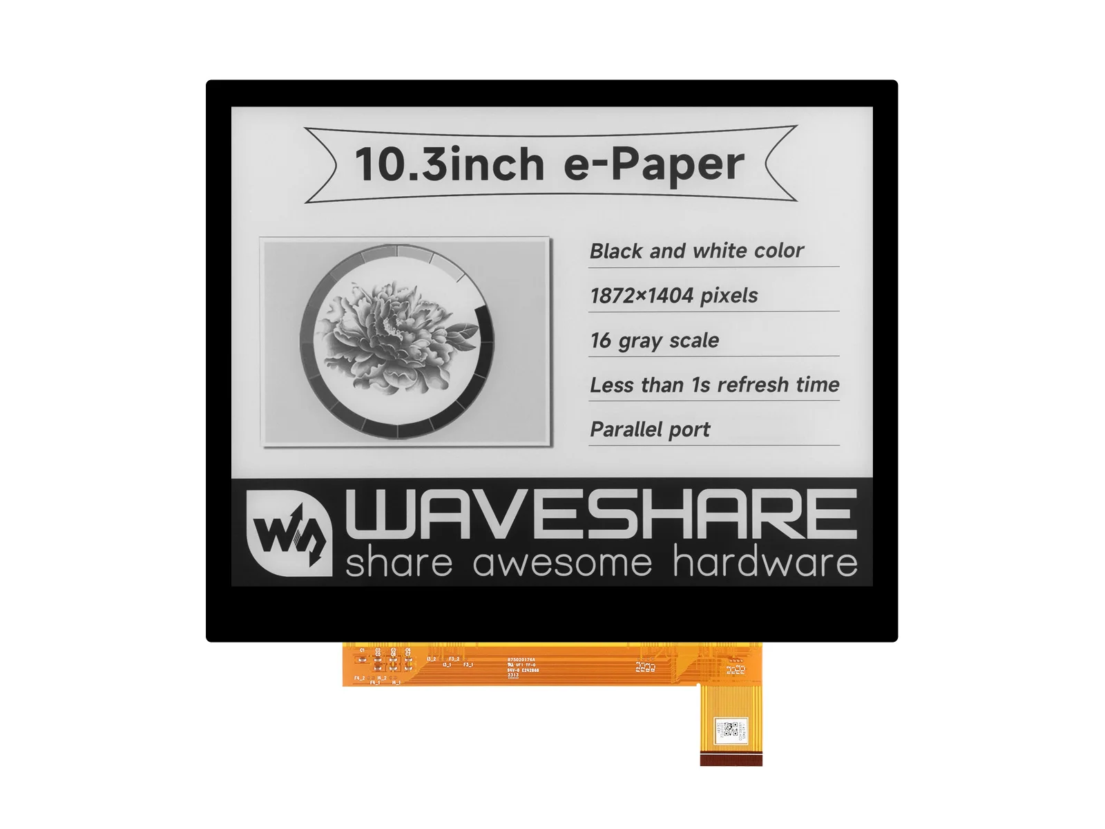 

Waveshare 10.3inch e-Paper E-Ink Display (G), 1872×1404, Black/White, Optical Bonding Toughened Glass Panel, 2-16 Grey Scales