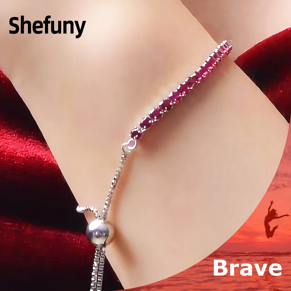 

Shefuny 925 Sterling Silver Full Red Zirconia Adjustable Bracelet Small Square CZ Box Chain Bangle For Women Fine Jewelry Gift