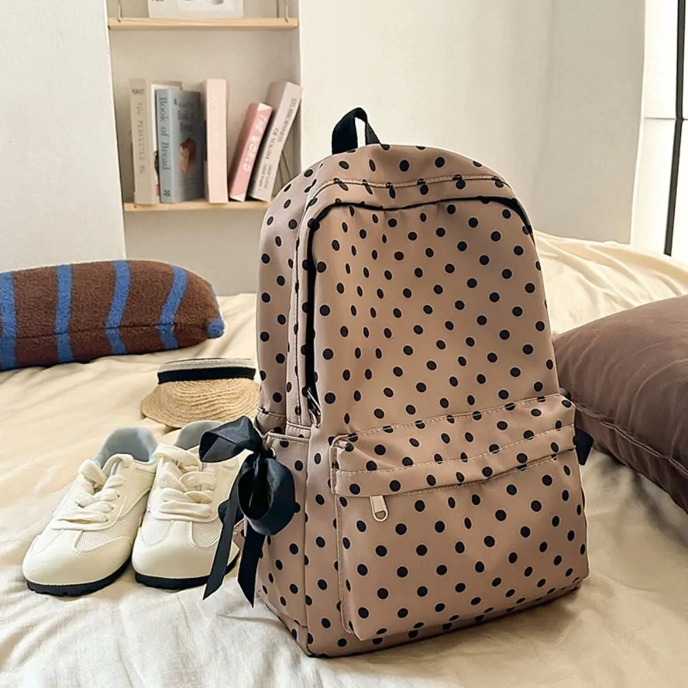 Sweet Polka Dot Backpack Bowknot Design Minimalist Bow Rucksack Multiple Pockets Large Capacity Student School Bag Outdoor Use