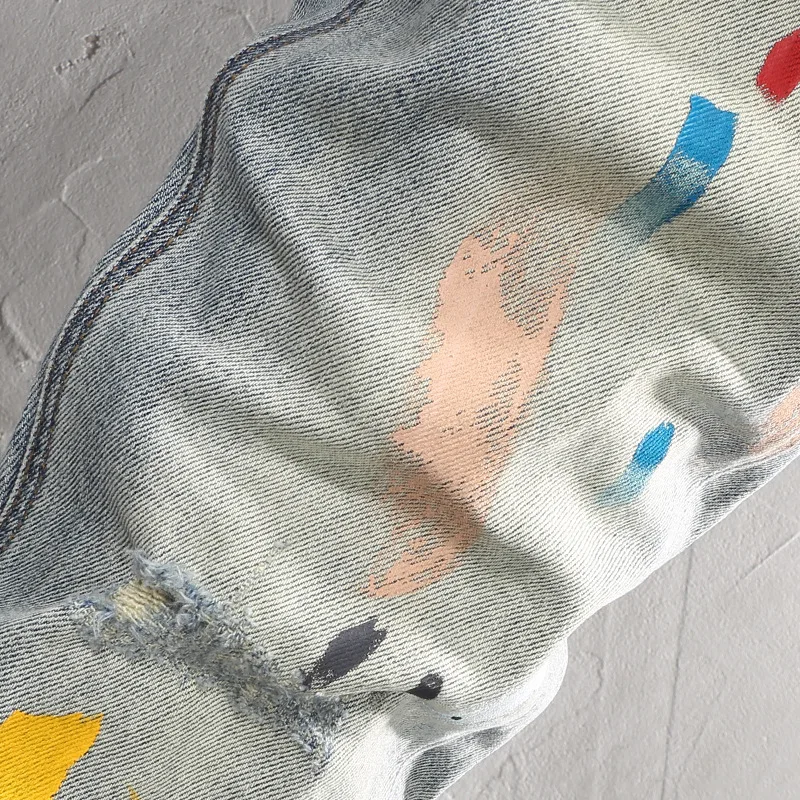 2025 new high street embroidered jeans for men, exquisite printing, colorful graffiti trend, nostalgic, slim fit, elastic leggin