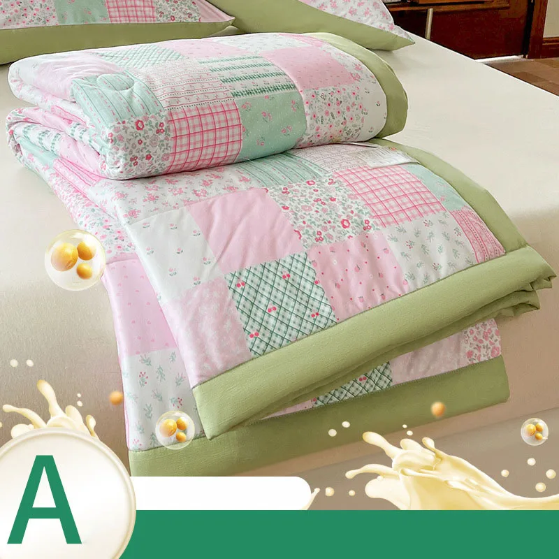 7A Antibacterial Double-Layer Yarn Summer Quilt Pastoral Printed Soybean Cooling Comforter Thin Bedspread for Children Adults