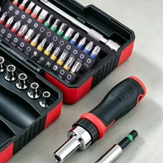 45-Piece Socket and Bit Kit Paired with 1/4 Inch Ratchet Screwdriver for For impact Drive Adapter Applications