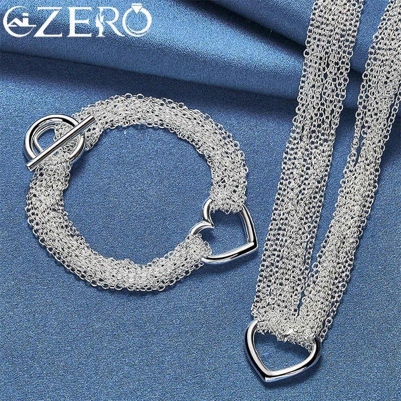 

ALIZERO 925 Sterling Silver Many Chain Heart Bracelet Necklace For Women Wedding Engagement Fashion Party Jewelry Set 2pcs Sets