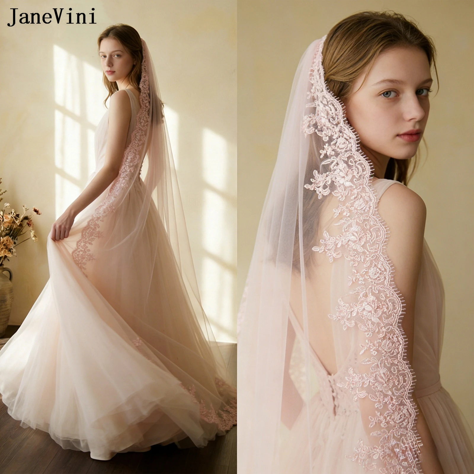 

Романтическая свадебная фата JaneVini с розовыми кружевными аппликациями, однослойная фата из тюля с гребнем, свадебные аксессуары для невесты