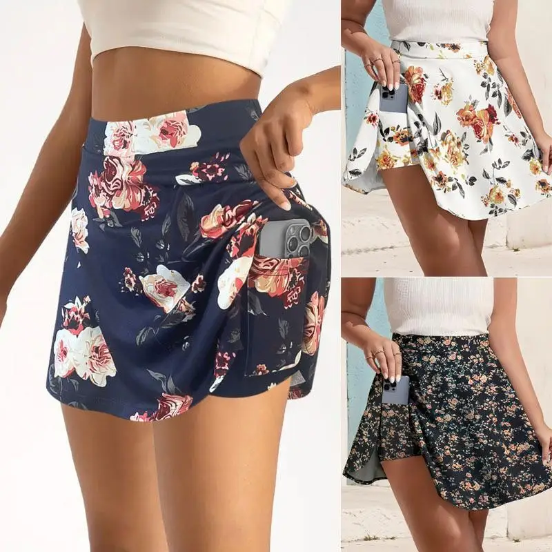 

Floral Print ter Ne ort Dr Women's Summer High Waist Pleated Sports Skirt Fake Two-Piece Dr Autumn Season