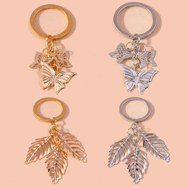 Cute Iron Sheet Keychain Metal Hollow Butterfly Tree Leaf Pendant Keyrings for Women Men Car Key Handbag Key Chains DIY Gifts