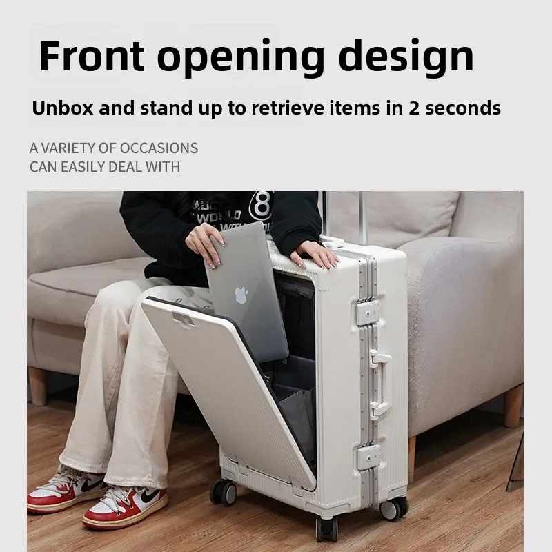 Maleta de aluminio con apertura frontal, carga USB y portavasos plegable, silenciosa 360 °   Ruedas y cerradura TSA