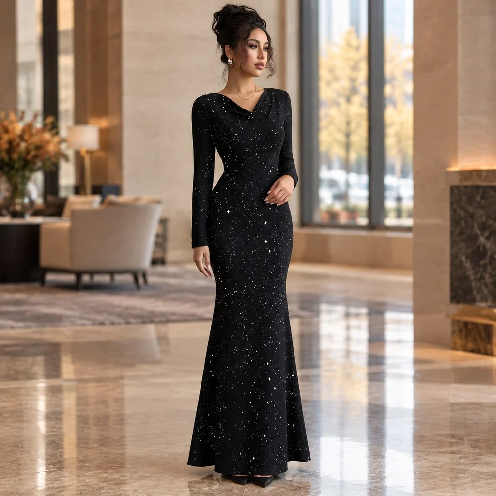Pullover Long Sleeve Dress High Waist Mermaid Silhouette Fitted Body One Dress Floor Length Office Style for Women Autumn