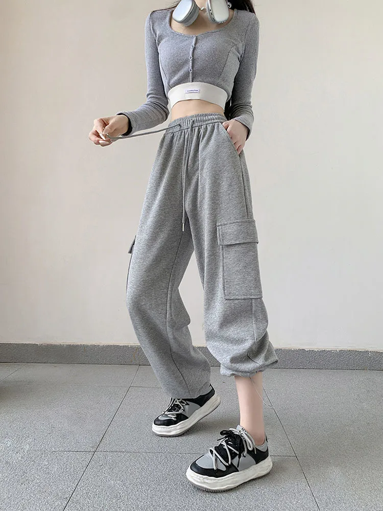 

Pink Cargo Pants For Women Autumn 2023 Straight Trousers High Waist Loose Wide Legs Pants For Women Cargo Winter Thick warm