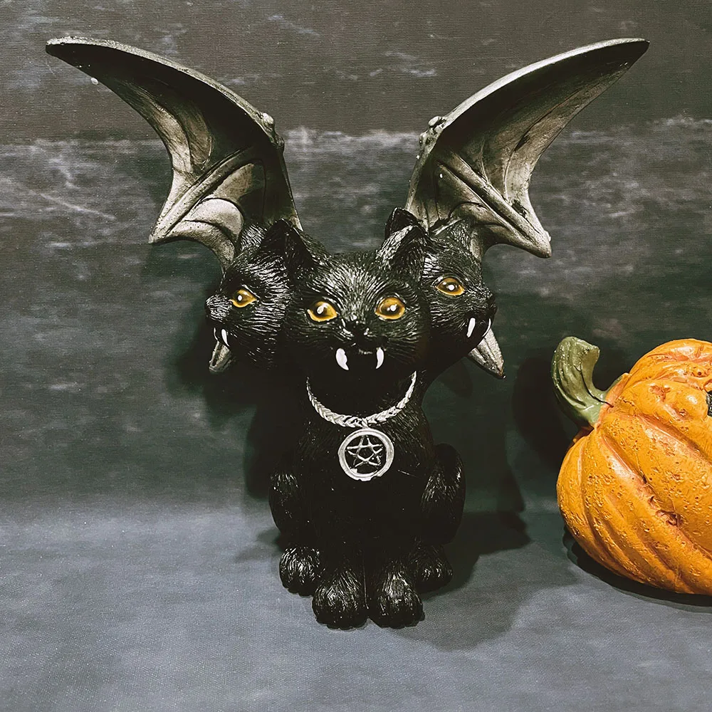 Dark Evil Bat Wings Three Headed Cat Statue Room Decor  Resin Crafts Ornaments Figurines Halloween Party Decoration 2023 Gift