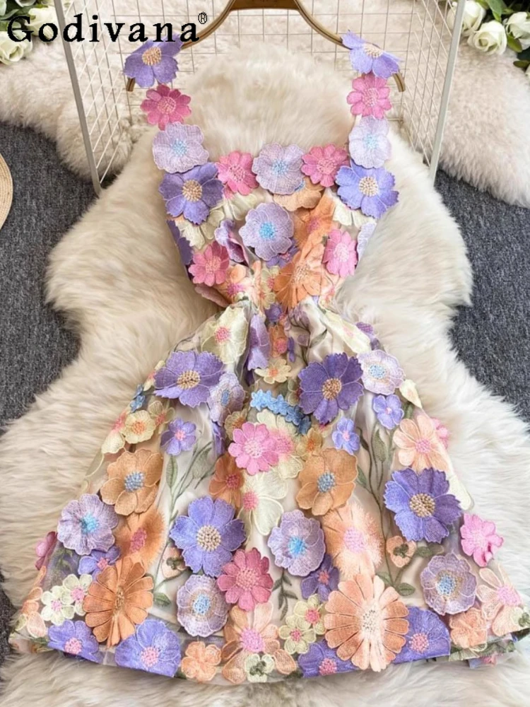 

French Heavy Industry Gauze Three-dimensional Flower Embroidery Suspender Dress Girl Summer Party Birthday Square Collar Dresses