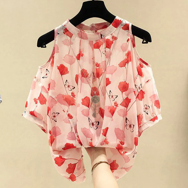 Sweet O-Neck Printed Off Shoulder Floral Chiffon Blouses Female Clothing 2024 Summer New Loose All-match Tops Korean Shirts