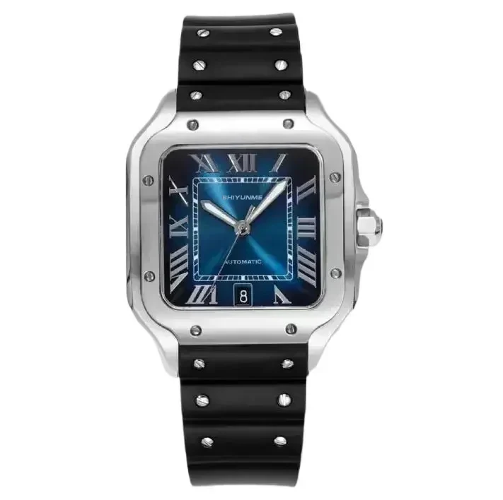 Автоматический механический спортивный квадратный унисекс, черный резиновый ремешок, сапфировое стекло, нержавеющая сталь, полностью функциональное мировое время