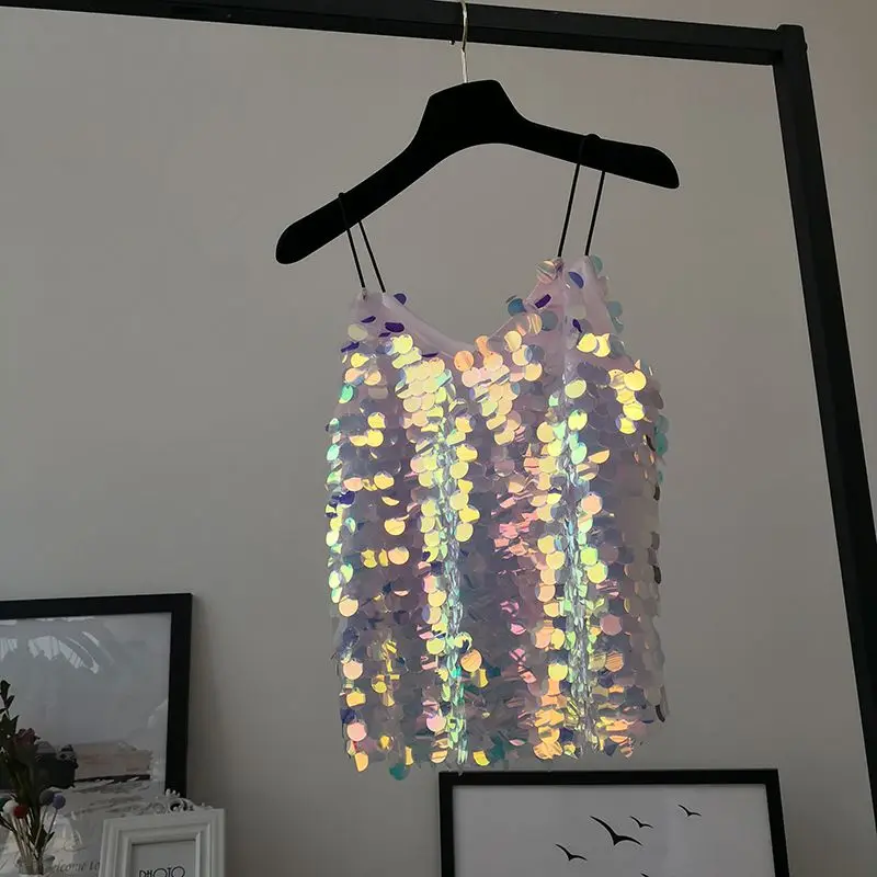 Haut camisole à bretelles à col en V, vêtements de performance sur scène, paillettes scintillantes de Rotterdam, coupe couvertes, rétro américain, sexy, mode estivale, nouveau