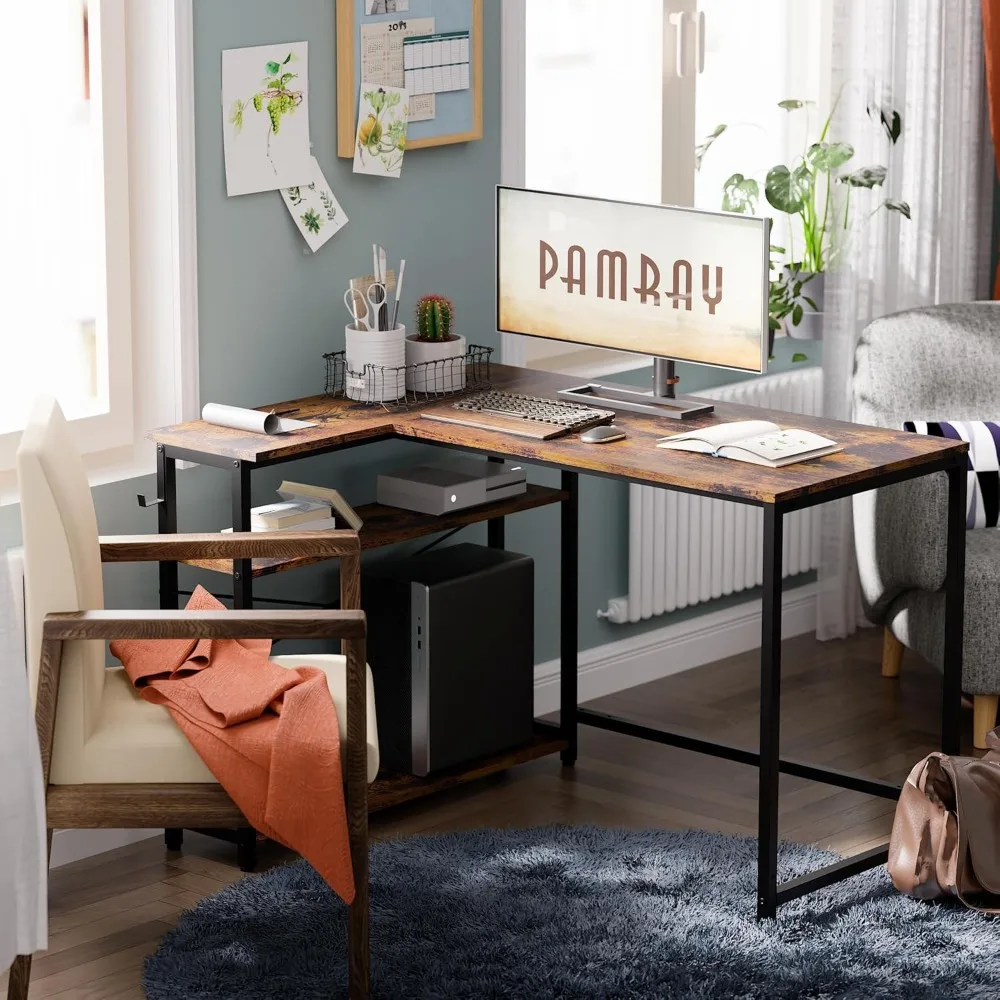L-Shaped 43 Inch Computer Desk with Reversible Side Storage for Small Spaces, Home Office Writing Desk with Corner Space Efficie