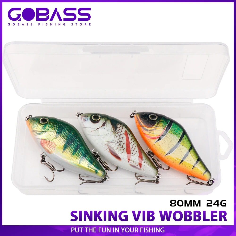 GOBASS 3pcs Pike Fishing Lure Jerkbait Kit 80mm 24g Slider Swim Action Sinking VIB Wobbler Musky Hard Plastic Artificial Bait