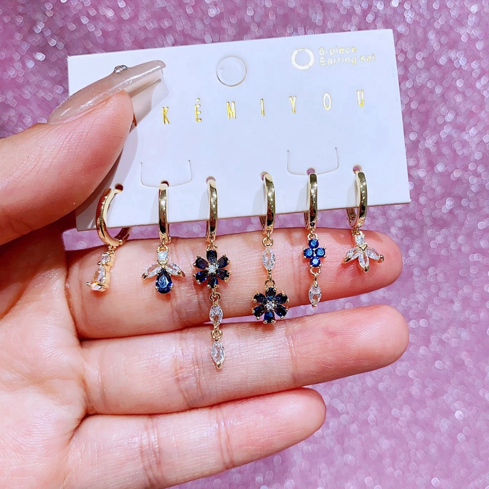 MIGGA 6pcs Mix and Match Cubic Zircon Blue Flower Dangle Earrings Set Luxury Women Jewelry Gold Color