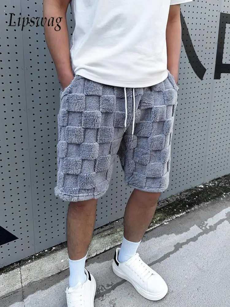 

Мужские повседневные шорты из флиса с жаккардовым узором в клетку, однотонные, свободного кроя, винтажные, с завязками, прямые, весна 2026