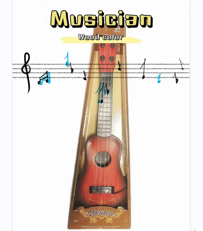 Miniatur-Ukulele-Kinder gitarre aus Holzmaserung mit vier Saiten und einem Pick zum frühen Lernen von Musik instrumenten