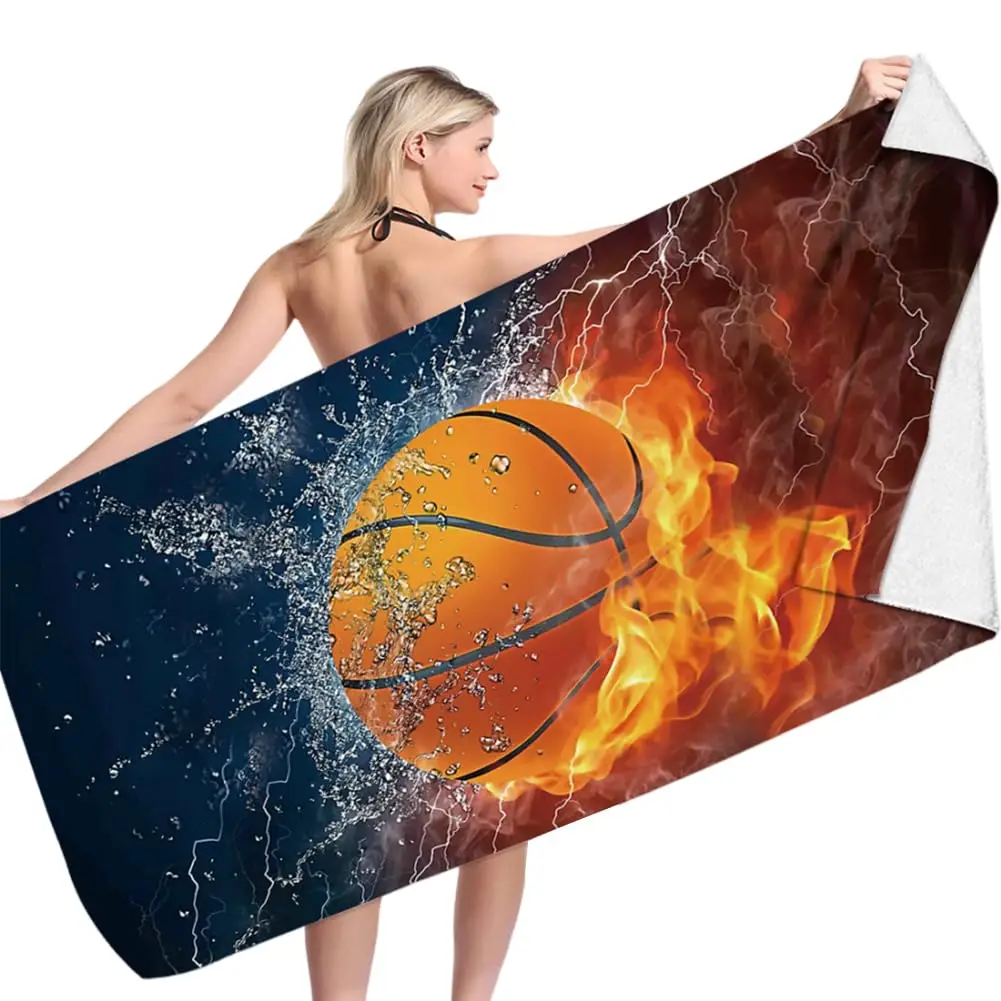 1PC Basketball Print Beach Towel, Cool Fire Design Soft Microfiber, Quick Dry for Adults & Kids, Ideal for Pool Swim Travel Bath view 2