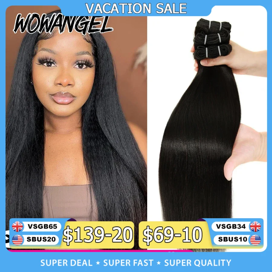 

WOWANGEL Light Yaki Straight Human Hair Bundles Bouncy Fluffy Kinky Straight Virgin Hair Extensions Natural Black Double Weft