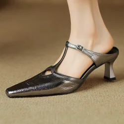 Women's genuine leather bordered t-strap 5.5cm thin high heel pointed toe slip-on mules elegant ladies summer sandals shoes sale