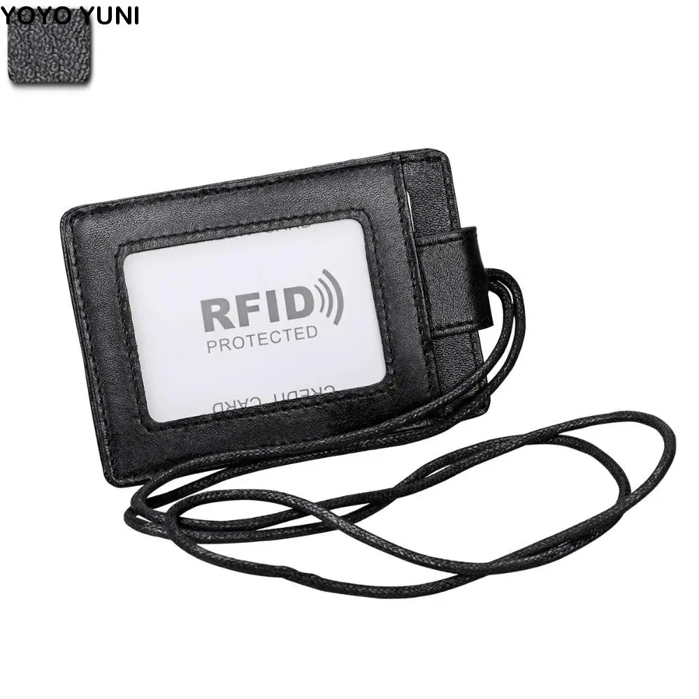 

Genuine Leather ID Card Holder RFID Blocking Identity Badge RFID Blocking Card Cover Coin Purse With Lanyard Work Card Holders