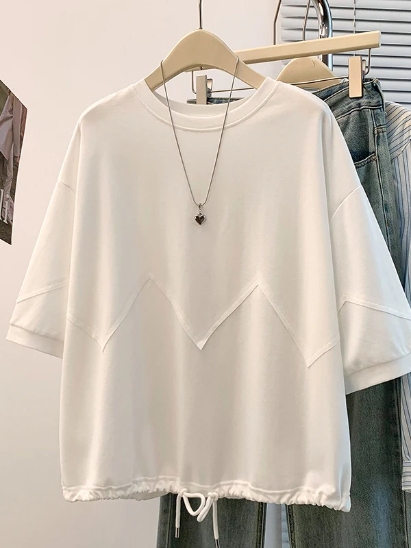 Summer Women's T-Shirt Half Sleeve Arm Covering Base Shirt Short Style Seven-Sleeve Drawstring Casual Top plus Size Fashion