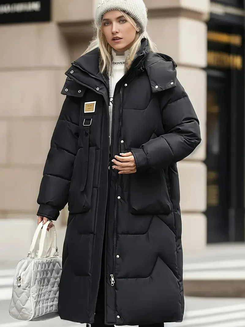 2024 New Winter Parka Woman Long Jacket Hooded Detachable Thicken Loose Fur Collar Zipper Pockets Warm Snow Wear Padded Coat