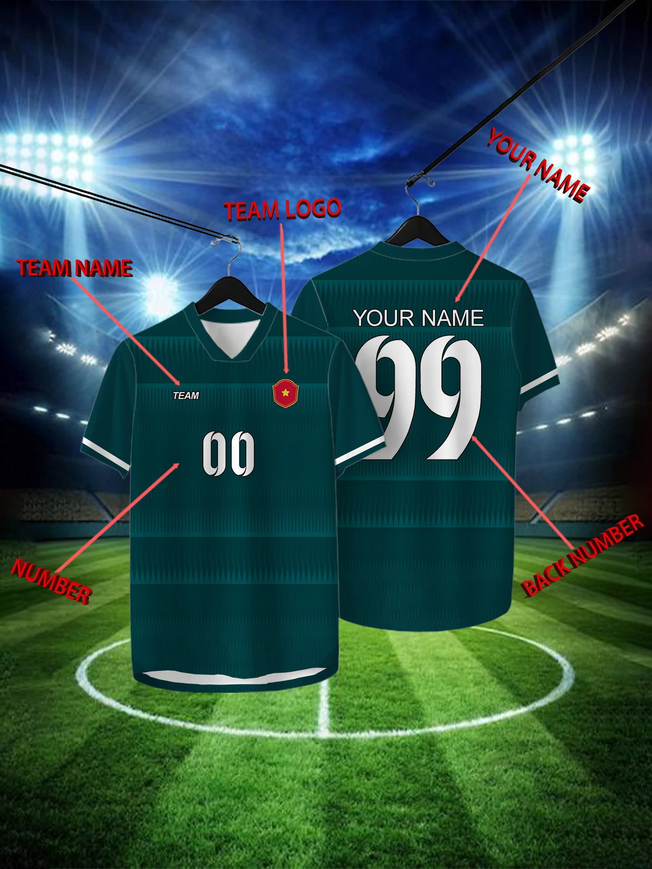 

Customized Geometric Green Short Sleeved Shirt with Team Name, Emblem, Name and Number, Outdoor Sports Short Sleeved T-shirt