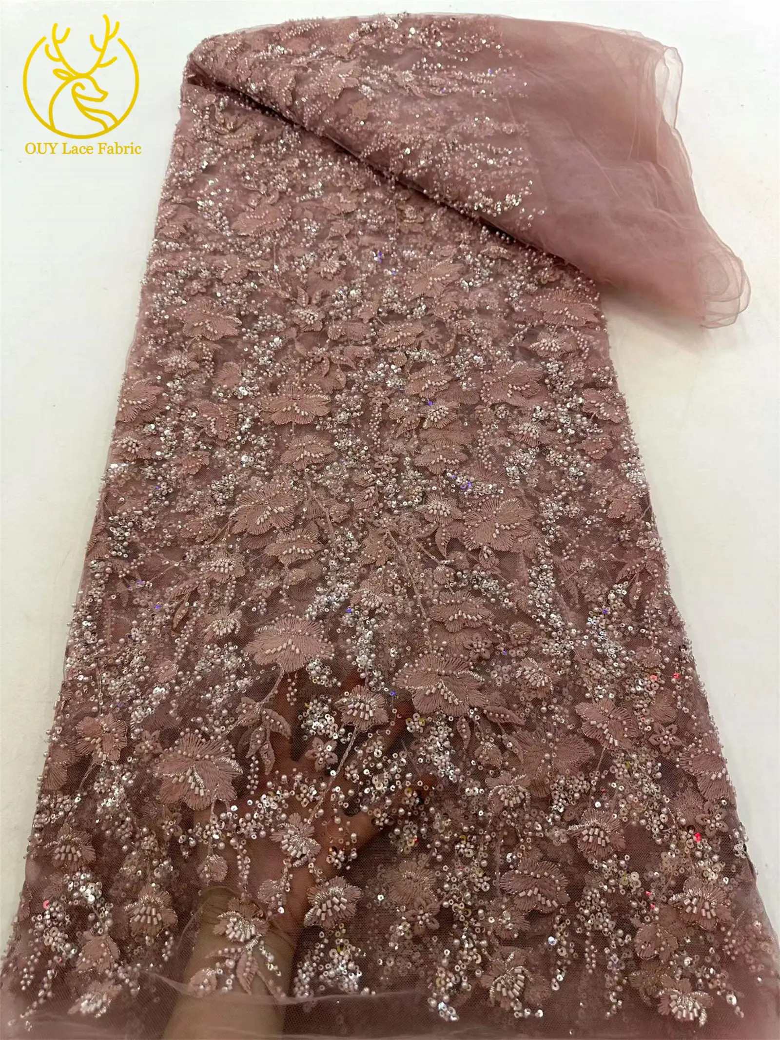 Weißer nigerianischer 3D-Blumen-Stickerei-Mesh-Spitzenstoff, 5 Yards, afrikanischer Spitzenstoff mit Perlen und Pailletten für Hochzeitskleider und Partykleider zum Nähen – Detail 14