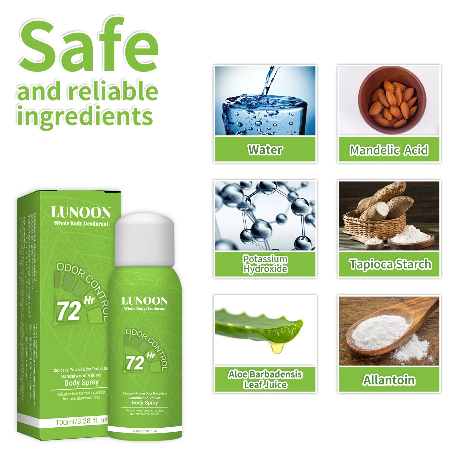 LUNOON 100 ml deodorante spray per tutto il corpo da 72 ore adatto per ascelle, piedi e tutte le aree corporee