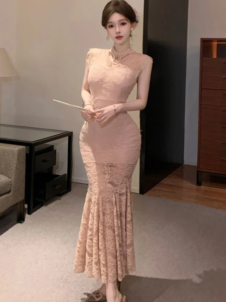 

2026 Pink Lace Jacquard Stand Collar Long Dress Women Vintage Luxury Ruffled Mermaid Dress Summer Korean Elegant Bodycon Dresses