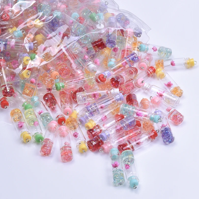 10Pcs Cute Mulitcolor Flowers stored in drift Bottle Resin Pendants Charms for Jewelry Making Diy Mini Crafts Material Wholesale