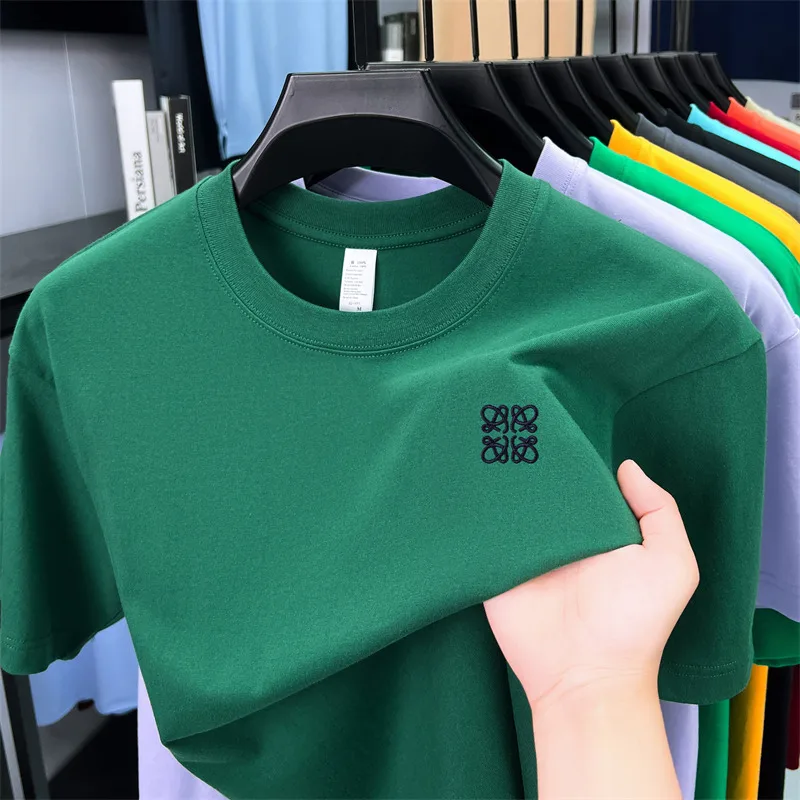 Summer Luxury 100_cotton Man Short-Sleeved T-Shirt Round Neck Delicate Embroidery Absorb Sweat Ventilate Leisure Men's Clothing