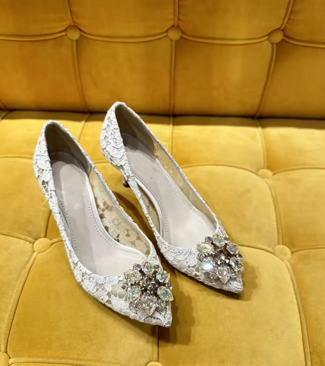 Sexy Style Lace Crystal Pointed Toe Women Party Sandals Stiletto High Heels Slip On Design Large Size Fashion Show Shoes view 6