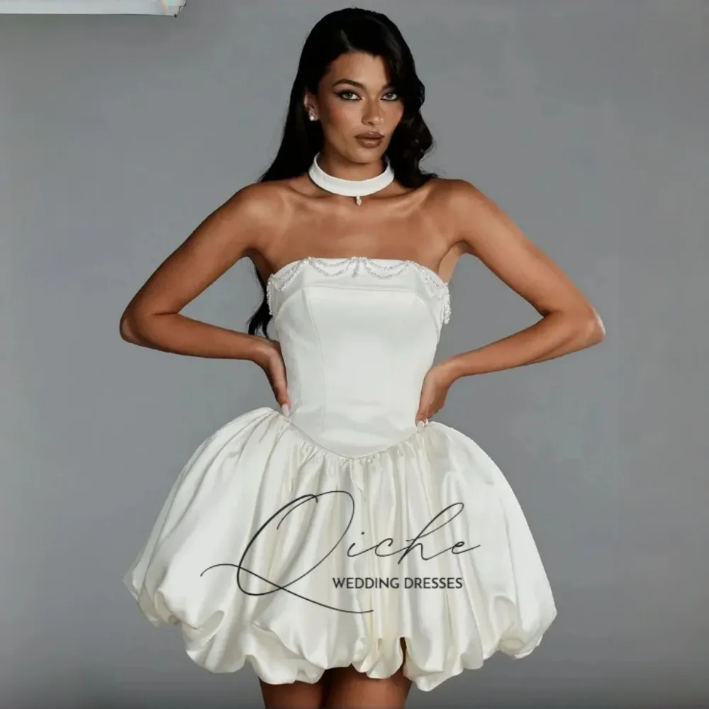 QICHE Strapless MIni Sleeveless Elegant Simple Wedding Dresses Princess Satin Ruched Button Gowns Customized vestidos de novia