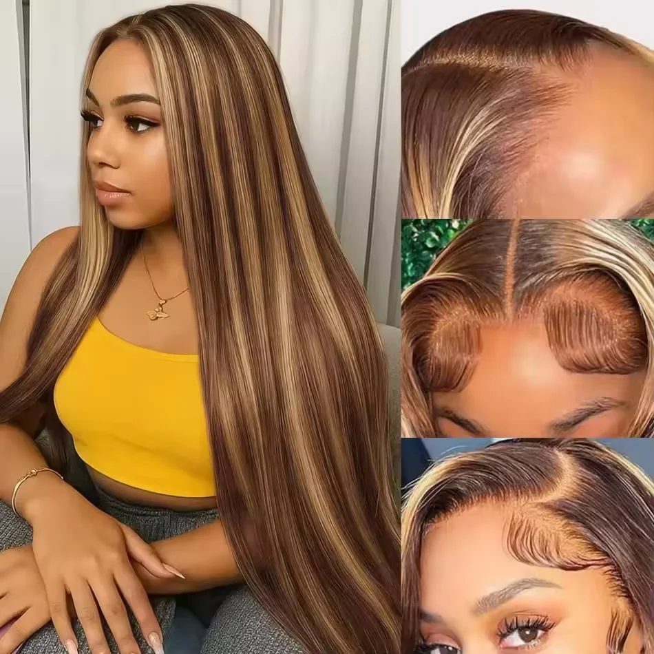 38 Inch Straight Human Hair Wigs Highlight Wig Human Hair 220 Density 13x6 HD Lace Frontal Wig 13x4 4/27 Honey Blond Lace Wig image 3
