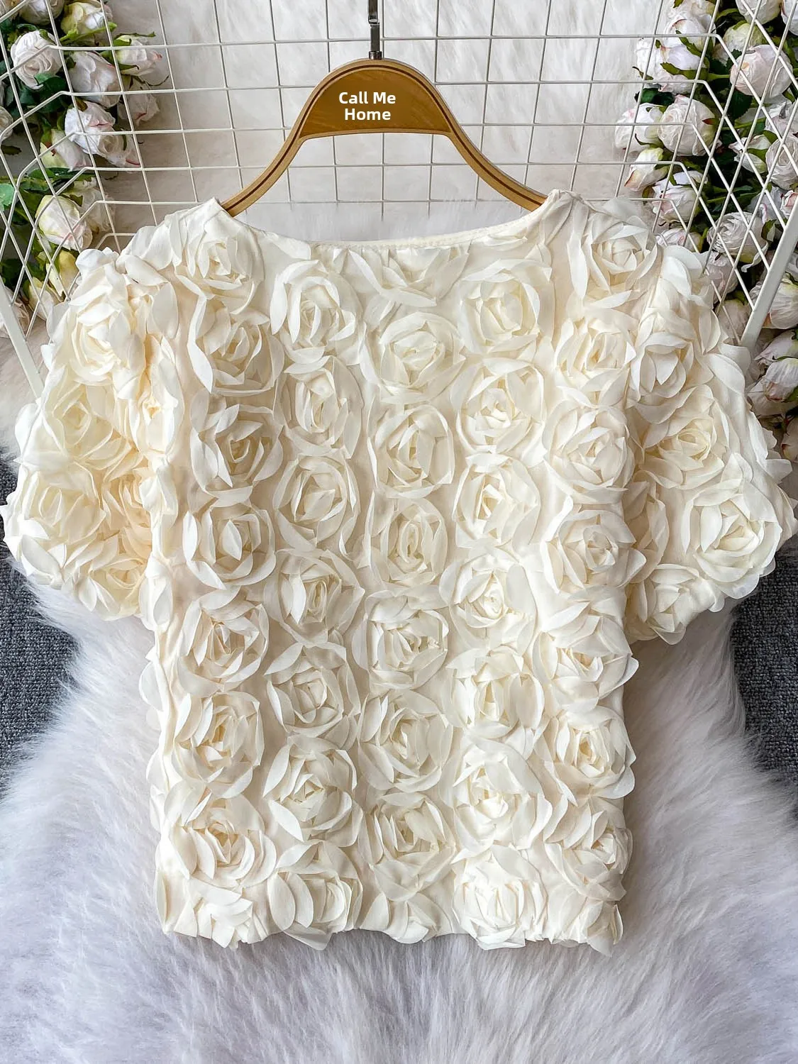 

Ele ort Bubble Sve irt V-Ne Цветочное украшение Женская летняя мода Тяжелая вышивка Сладкая антивозрастная верхняя одежда