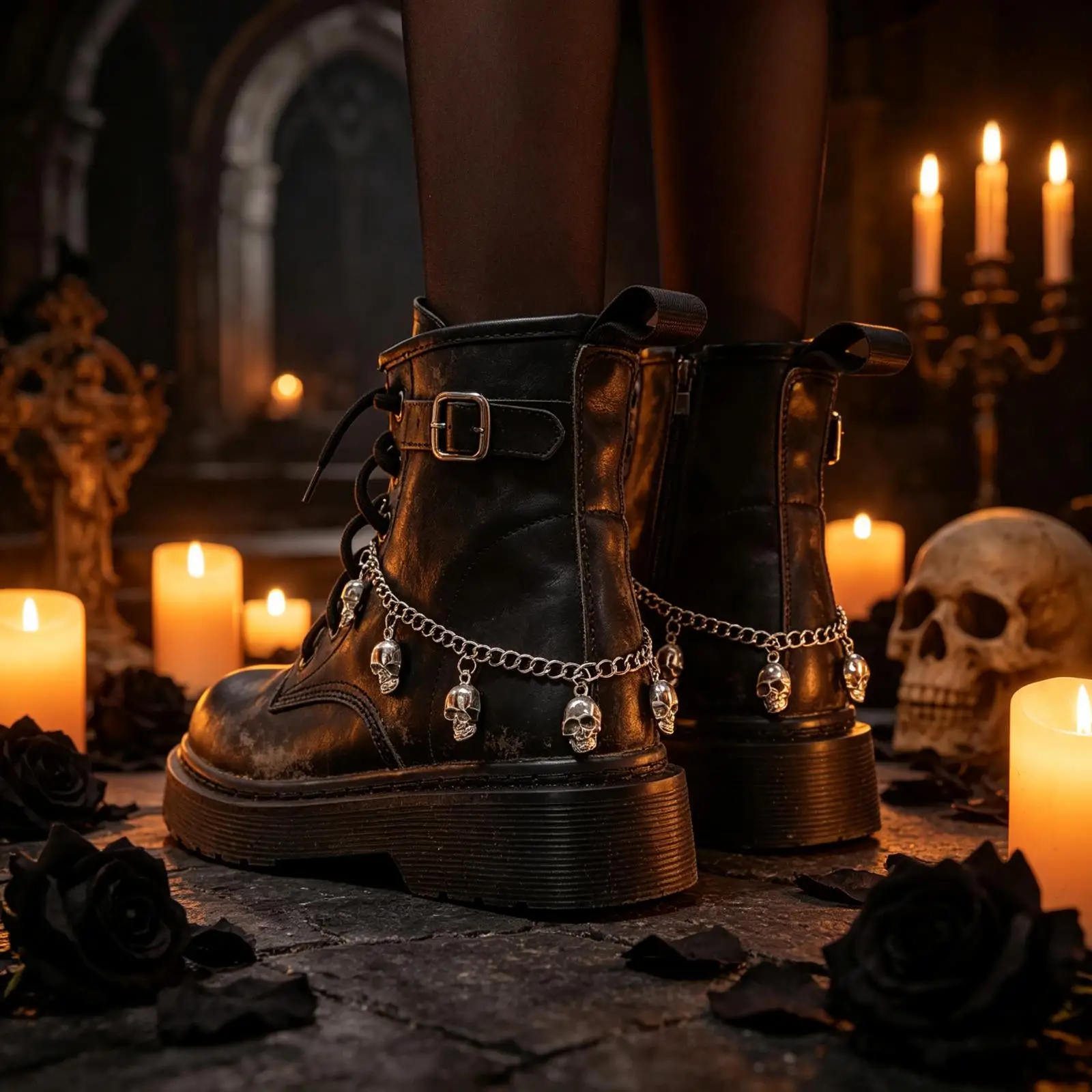 Skull Shoe Chain for Martin Boots–Single Layer Silver Alloy Punk Boot Chain with Skull Charms,Hip Hop Gothic Footwear  Accessory
