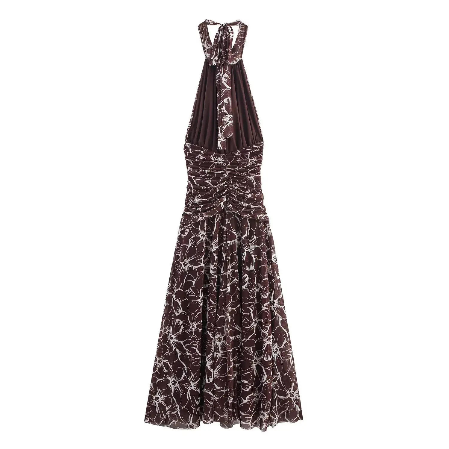 レディースプリントホルターネックロングドレス、新作ファッションオープンバックルーシュミディドレス、エレガントな女性用シックなサマーパーティードレス