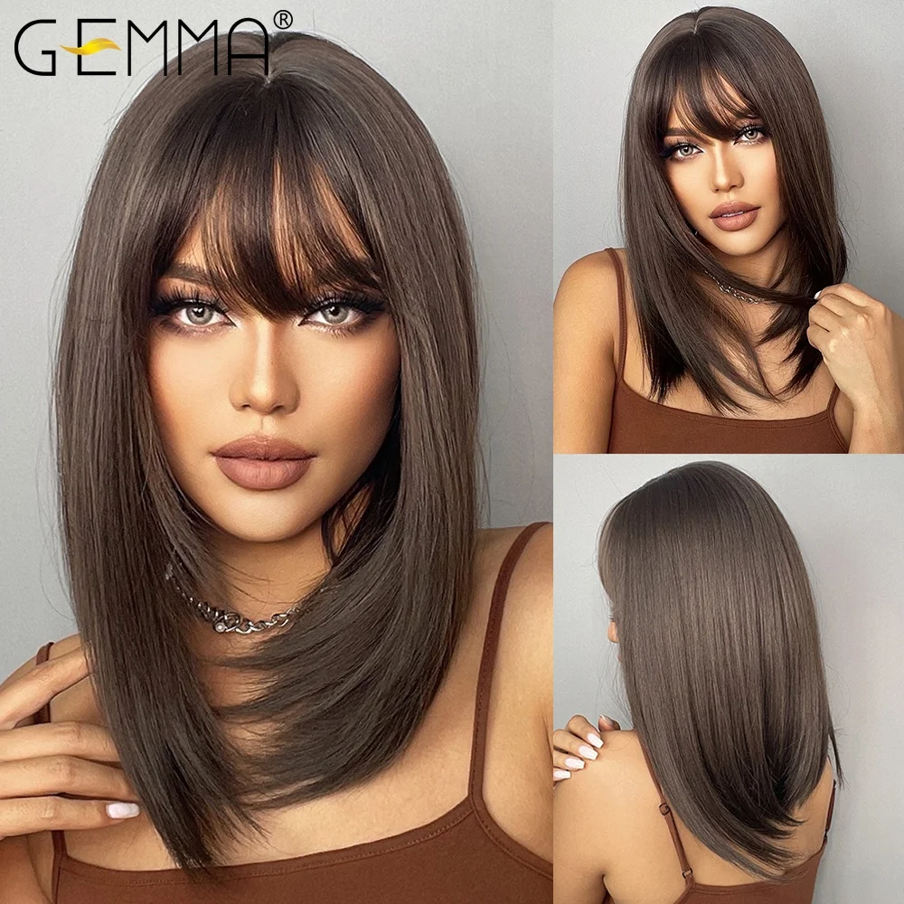 GEMMA – perruque synthétique BoBo marron foncé avec frange pour femmes, postiche lisse à longueur d'épaule pour Cosplay, perruque quotidienne en fibre résistante à la chaleur
