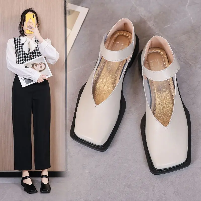 Normal Leather Casual Square Toe White Office Shoes for Women 2024 Ladies Summer Footwear Low Heel Elegant Chic Point Popular E