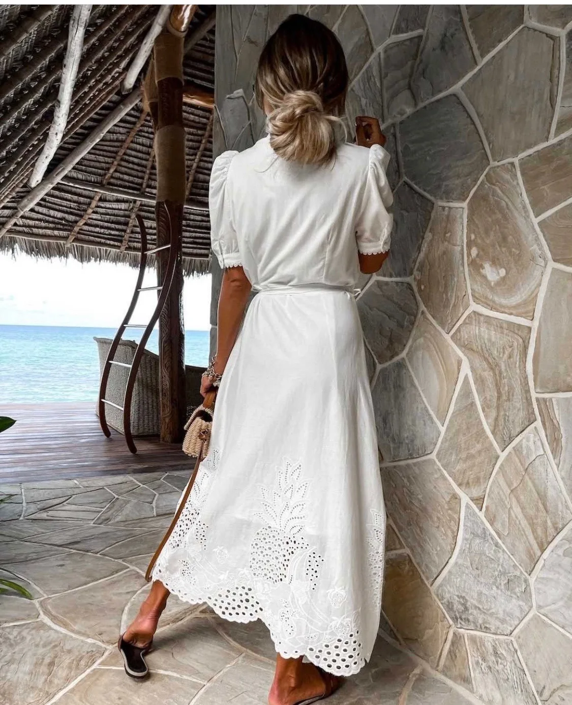 2025 Zomer Bladerdeeg Mouw Kant Feestjurk Sexy Hollow Out Patchwork Borduren Lange Jurk Elegante Vrouwen Tie-Up Gordel shirt Jurk