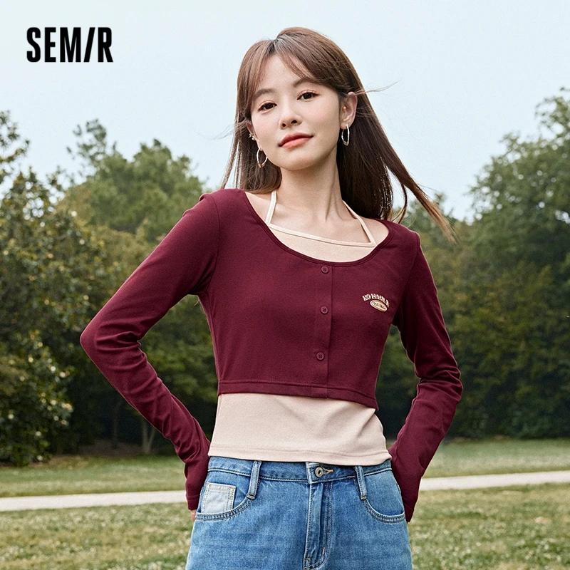 Semir 2023 Women Shirt Long-Sleeved T-Shirt Short  Fake Two Pieces Autumn New Hot Girl Retro Style T-Shirt for Women