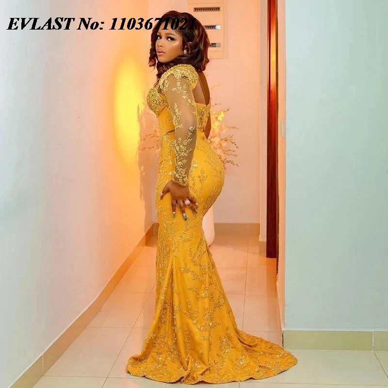 EVLAST Plus Size Gold Lace African Formal Dress Mermaid Prom Gown Aso Ebi Wedding Reception Dress Black Women Party Dress P116