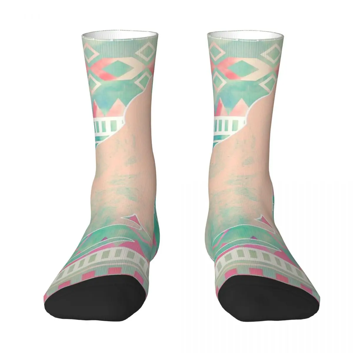 Geometric Patterns Whimsical Cat, Pink Turquoise Girly Aztec Pattern Men Women Socks Outdoor Novelty Spring SummerStockings Gift